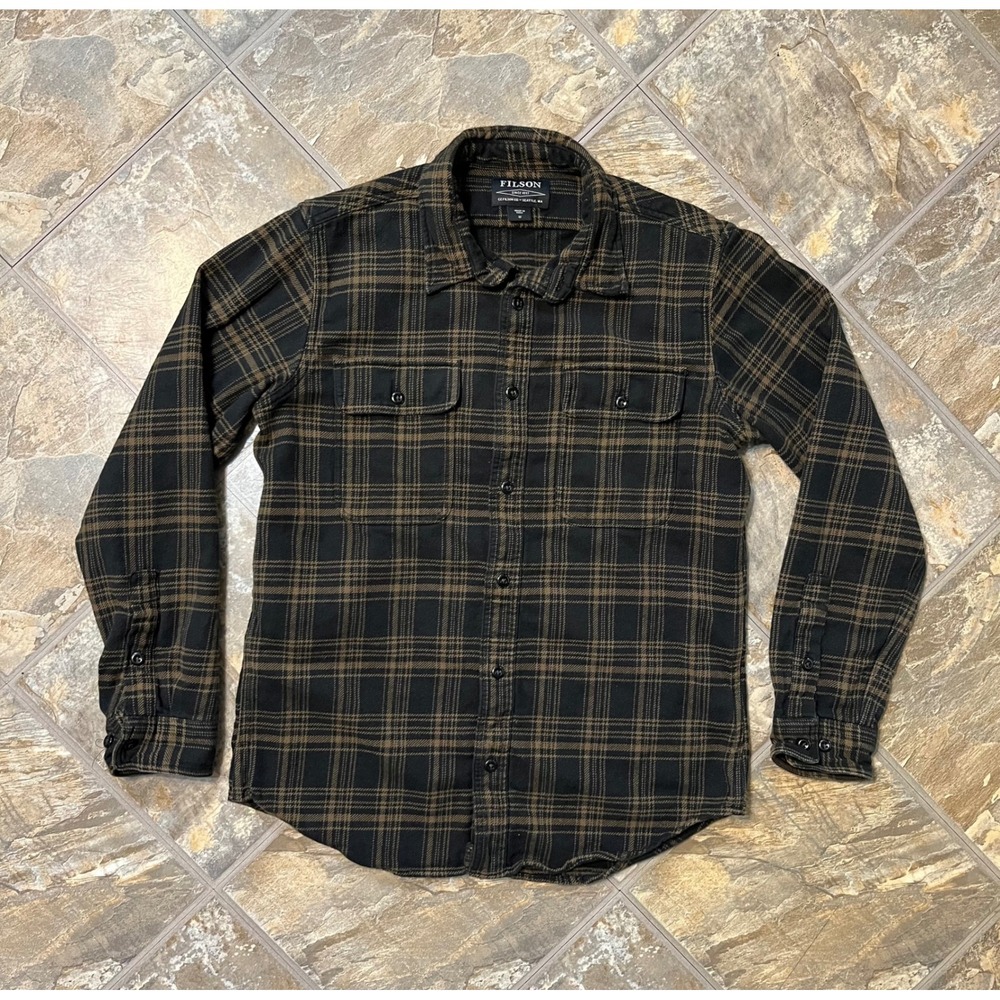 Filson Vintage Flannel Work Shirt Mens M Black Olive Plaid Button Down - Picture 1 of 8